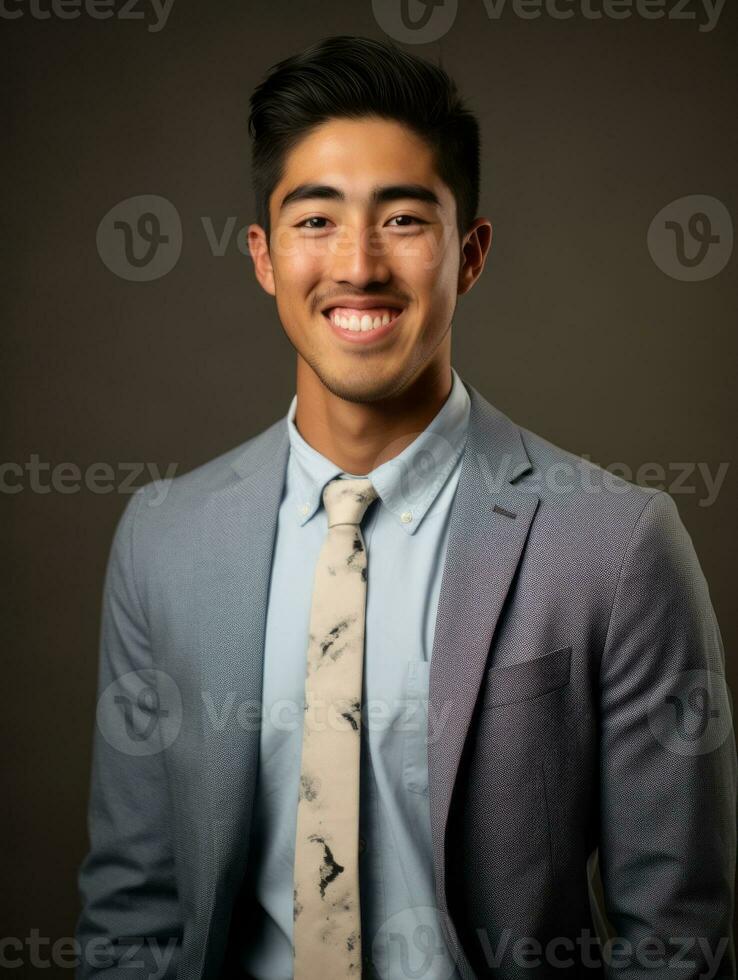 sonriente joven hombre de asiático descendencia vestido en traje en gris antecedentes ai generativo foto