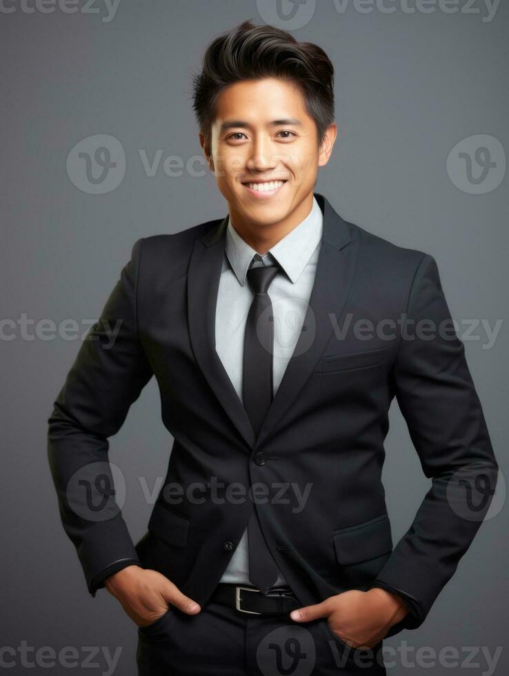 Smiling young man of Asian descent dressed in suit on gray background AI Generative photo