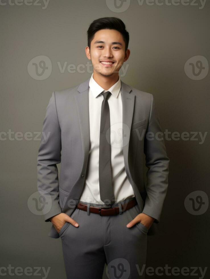 Smiling young man of Asian descent dressed in suit on gray background AI Generative photo