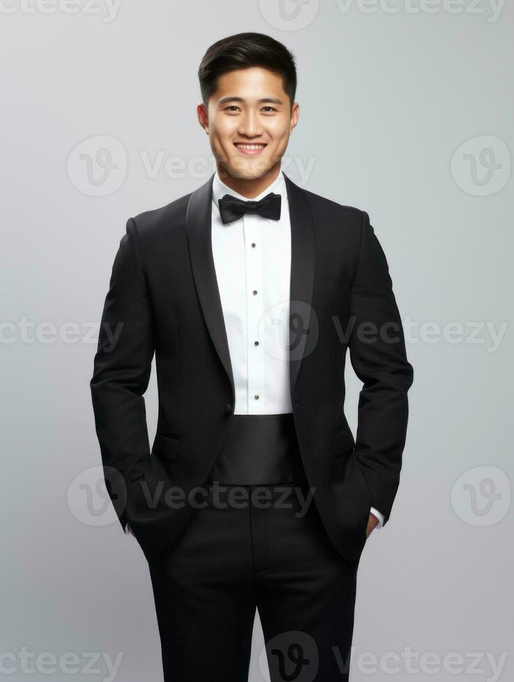 Smiling young man of Asian descent dressed in suit on gray background AI Generative photo