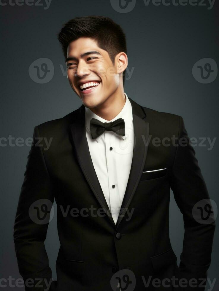 Smiling young man of Asian descent dressed in suit on gray background AI Generative photo