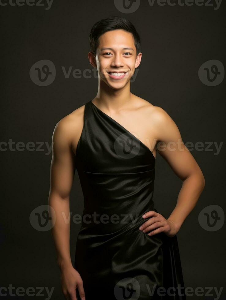 Smiling young man of Asian descent dressed in suit on gray background AI Generative photo