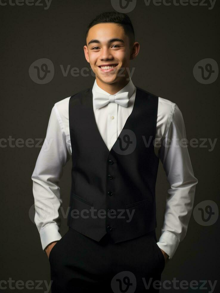 Smiling young man of Asian descent dressed in suit on gray background AI Generative photo