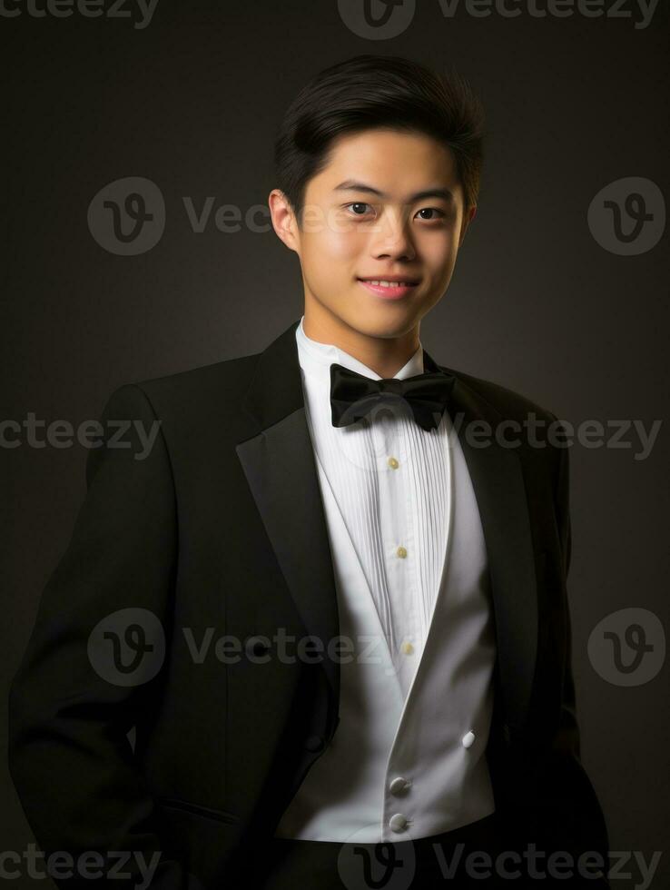 Smiling young man of Asian descent dressed in suit on gray background AI Generative photo