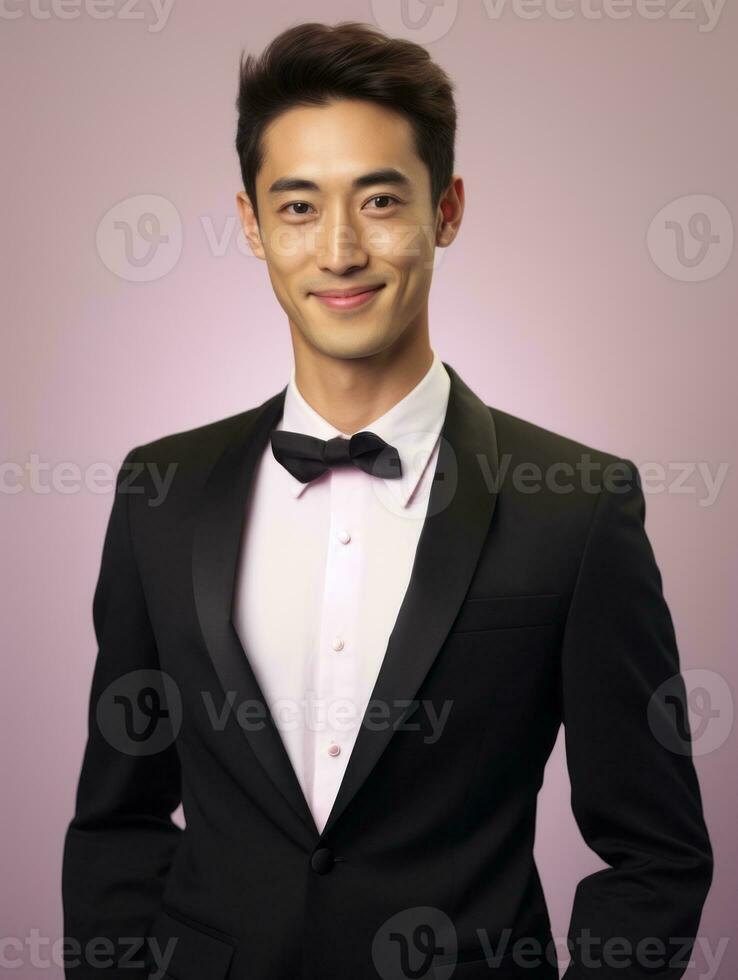 Smiling young man of Asian descent dressed in suit on gray background AI Generative photo