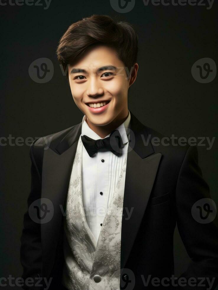 Smiling young man of Asian descent dressed in suit on gray background AI Generative photo