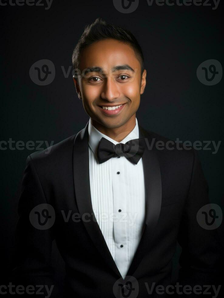 sonriente joven hombre de asiático descendencia vestido en traje en gris antecedentes ai generativo foto