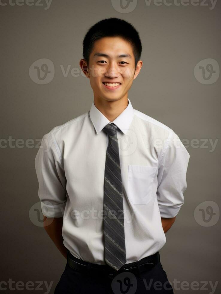 Smiling young man of Asian descent dressed in suit on gray background AI Generative photo