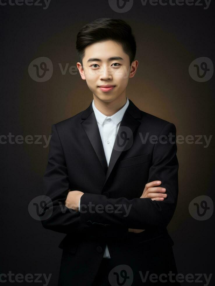 sonriente joven hombre de asiático descendencia vestido en traje en gris antecedentes ai generativo foto