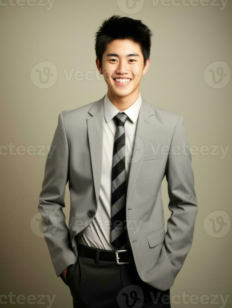 Smiling young man of Asian descent dressed in suit on gray background AI Generative photo