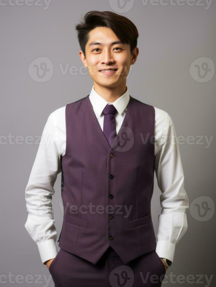 Smiling young man of Asian descent dressed in suit on gray background AI Generative photo