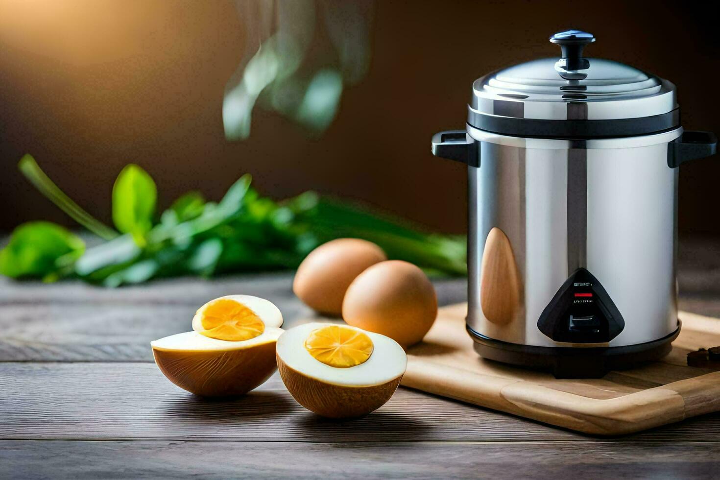 an electric coffee maker with eggs and a knife. AI-Generated photo