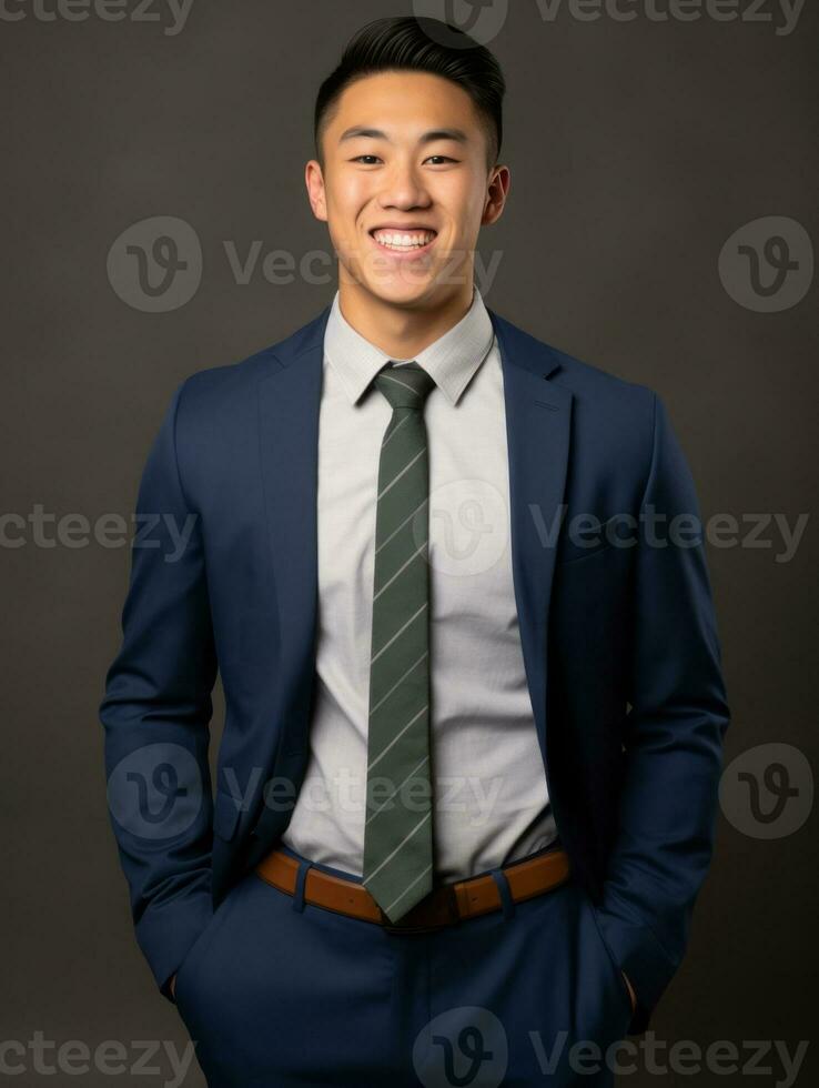 Smiling young man of Asian descent dressed in suit on gray background AI Generative photo