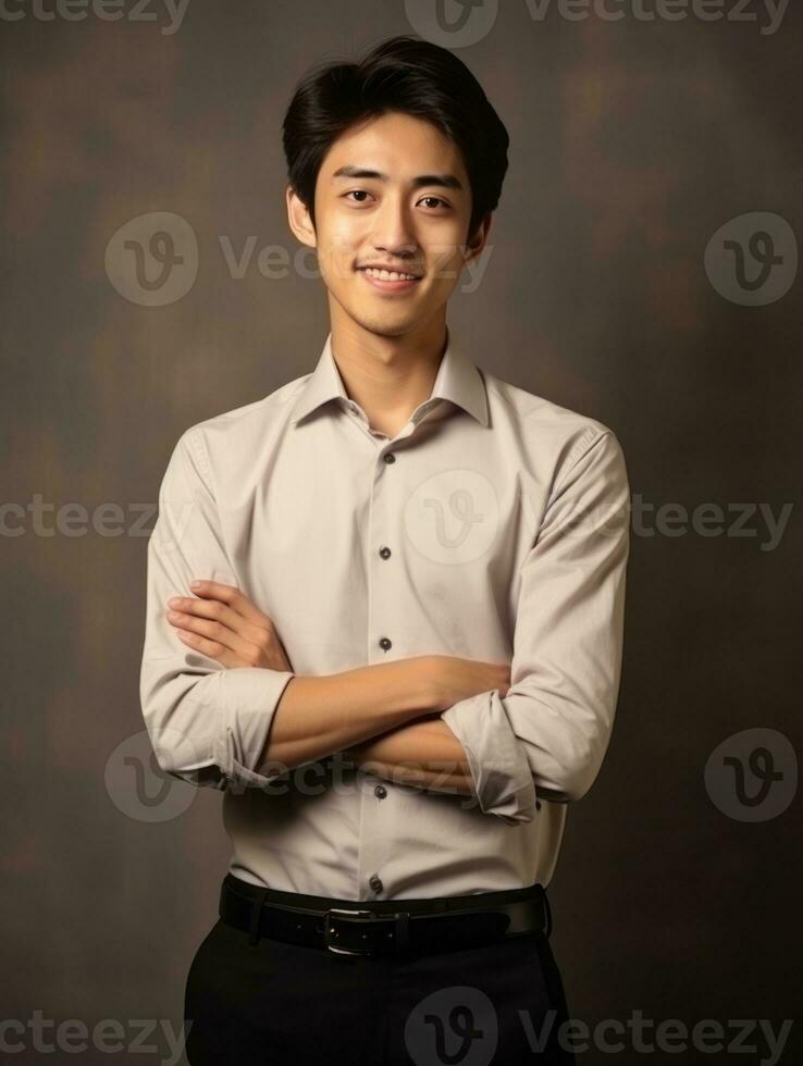 sonriente joven hombre de asiático descendencia vestido en traje en gris antecedentes ai generativo foto