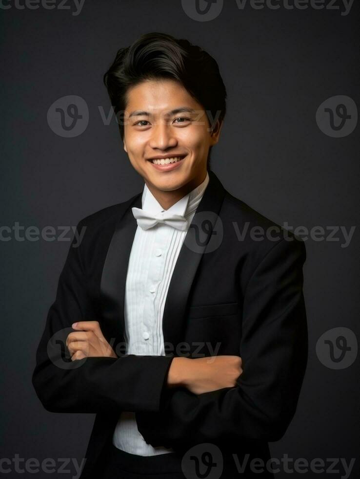 sonriente joven hombre de asiático descendencia vestido en traje en gris antecedentes ai generativo foto