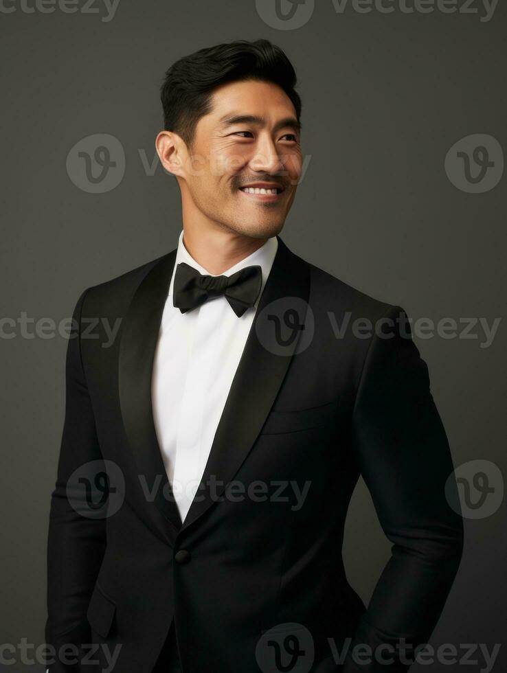 Smiling young man of Asian descent dressed in suit on gray background AI Generative photo