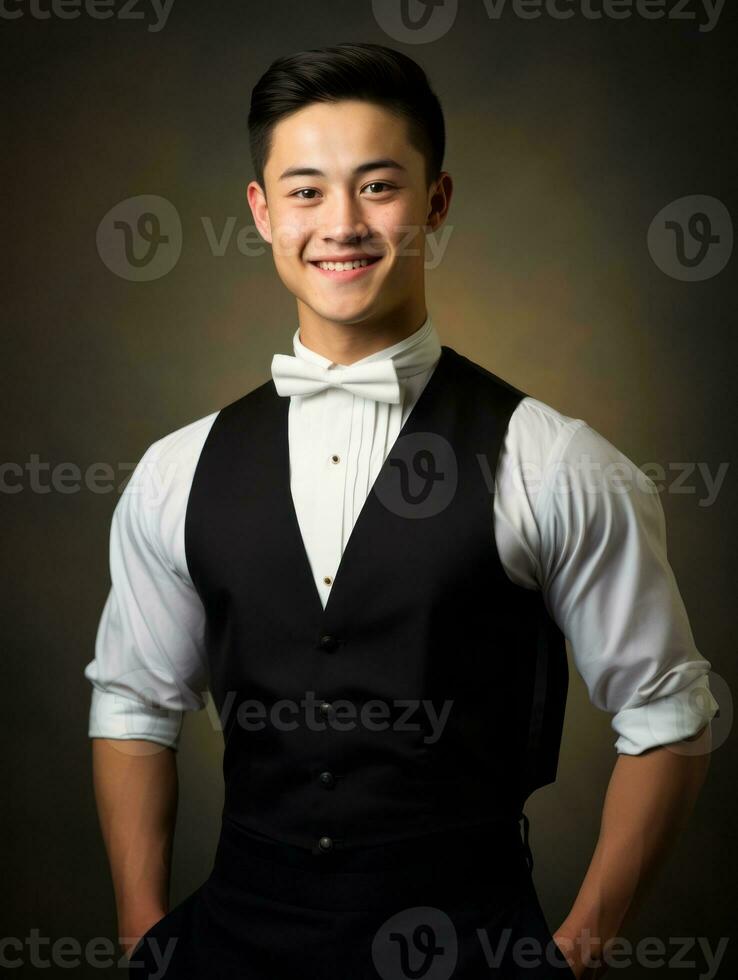 sonriente joven hombre de asiático descendencia vestido en traje en gris antecedentes ai generativo foto