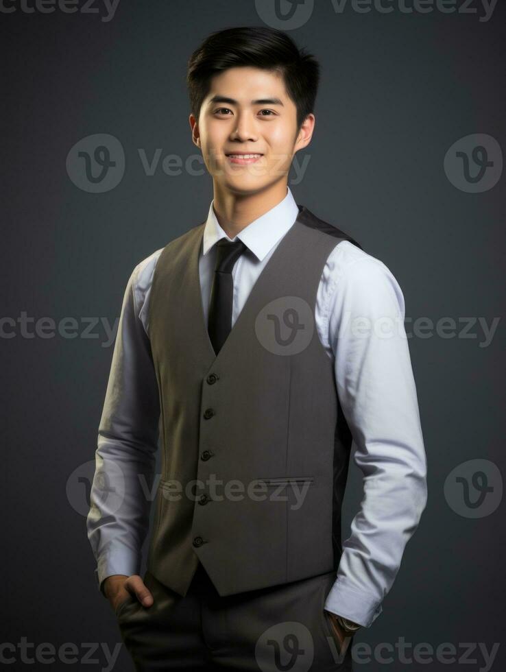 Smiling young man of Asian descent dressed in suit on gray background AI Generative photo