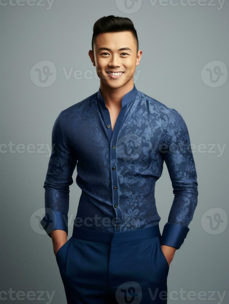 Smiling young man of Asian descent dressed in suit on gray background AI Generative photo