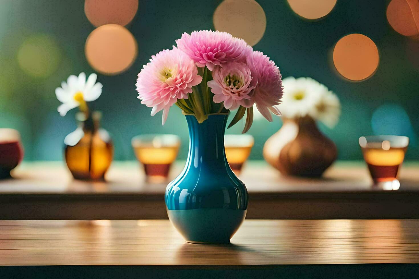 a vase with pink flowers sitting on a table. AI-Generated photo