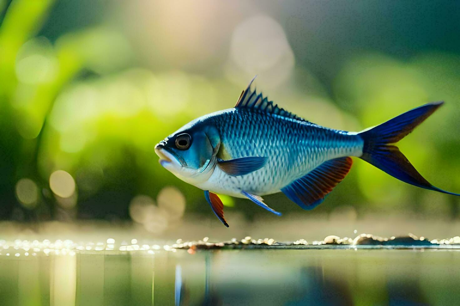 a fish is standing on the water with grass in the background. AI-Generated photo