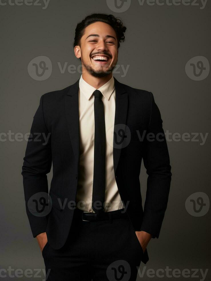 Smiling young man of Asian descent dressed in suit on gray background AI Generative photo