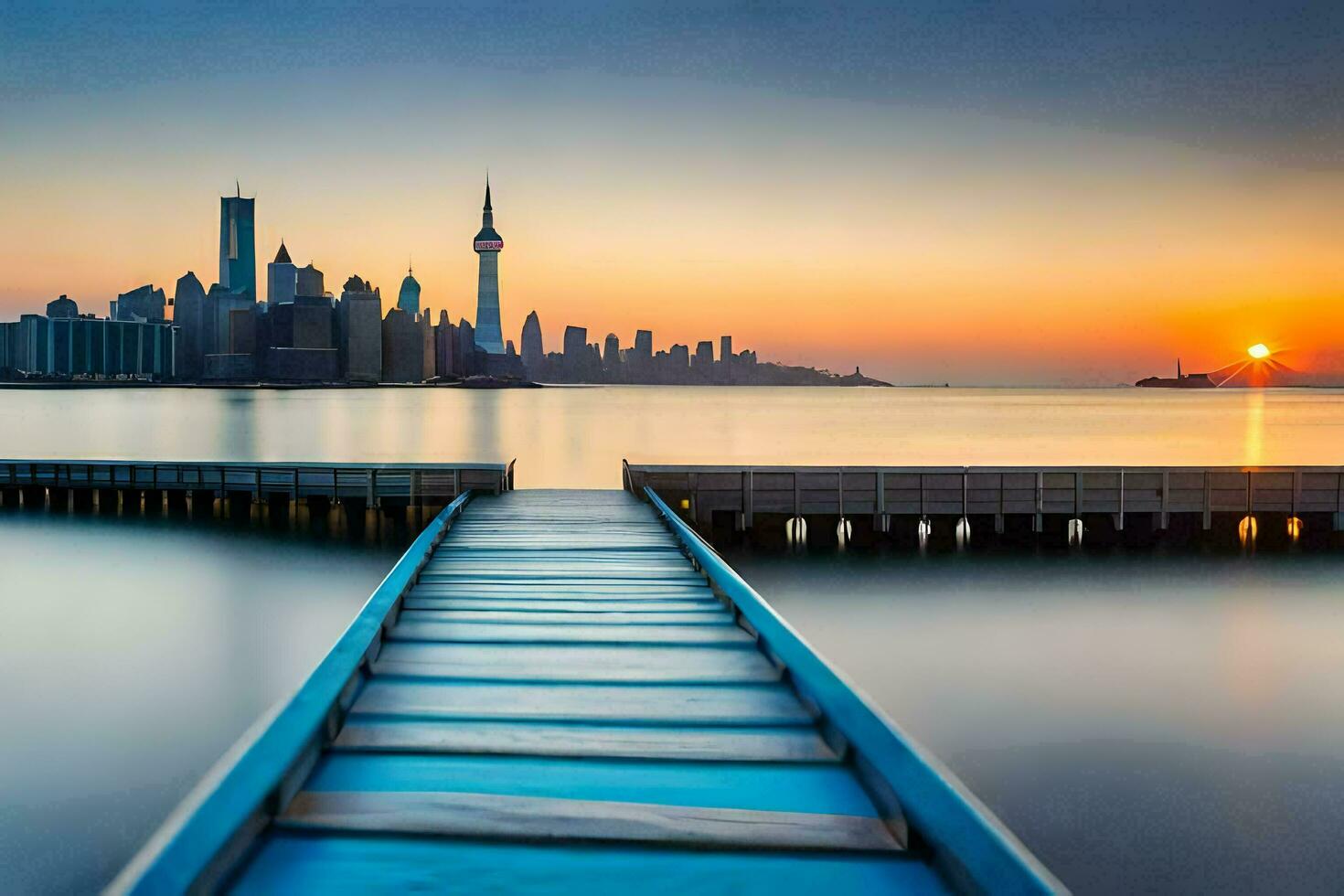 a pier leads to the city skyline at sunset. AI-Generated photo