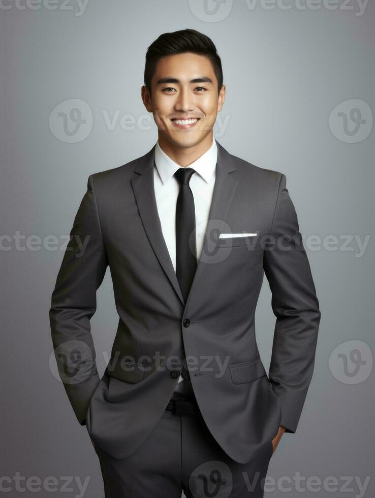 sonriente joven hombre de asiático descendencia vestido en traje en gris antecedentes ai generativo foto