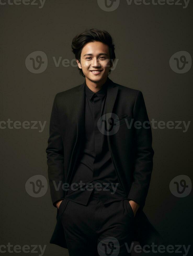 sonriente joven hombre de asiático descendencia vestido en traje en gris antecedentes ai generativo foto
