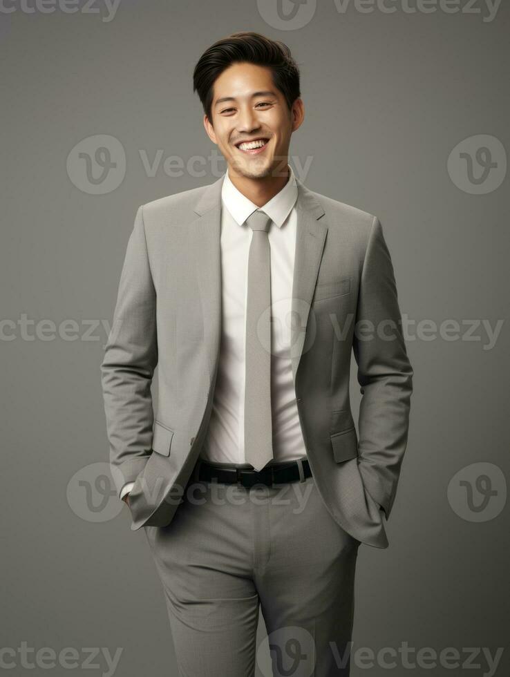 Smiling young man of Asian descent dressed in suit on gray background AI Generative photo
