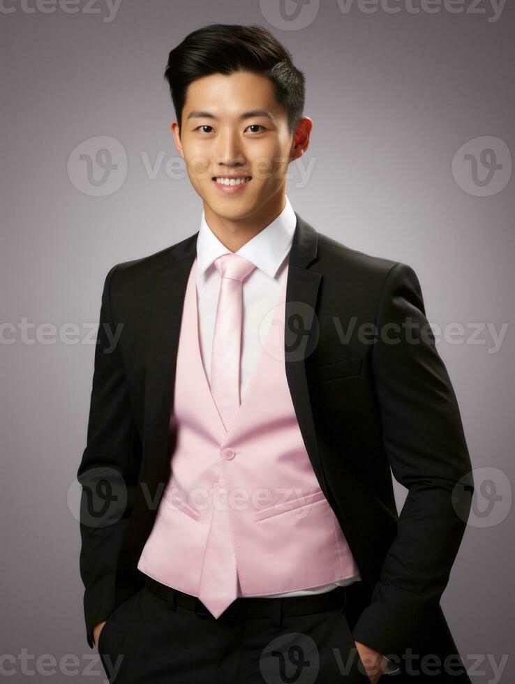 Smiling young man of Asian descent dressed in suit on gray background AI Generative photo