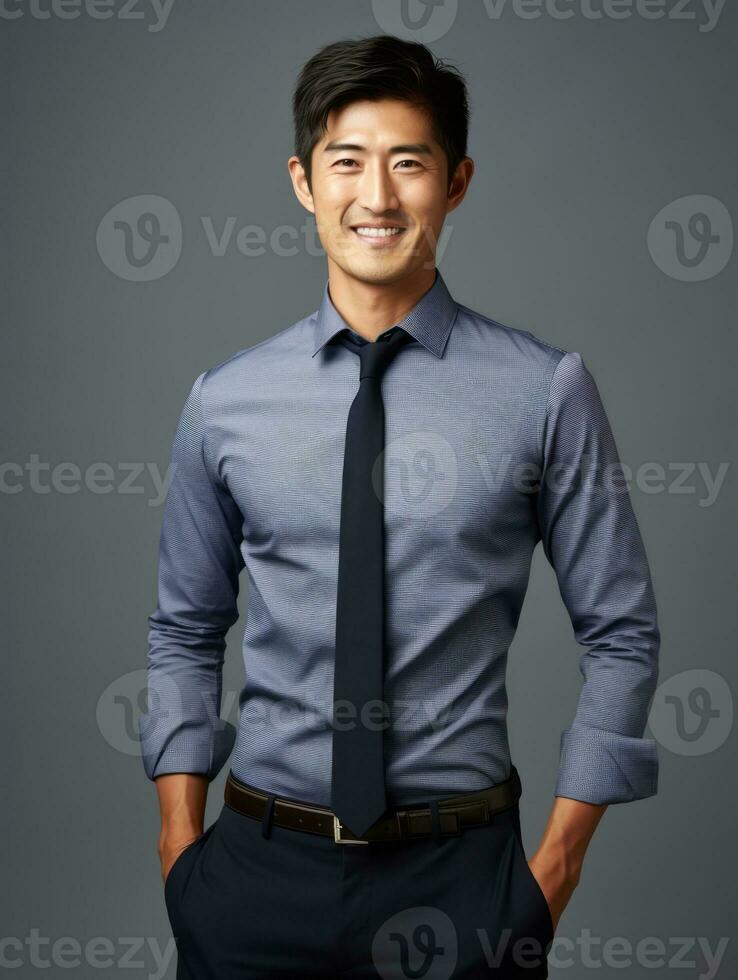 Smiling young man of Asian descent dressed in suit on gray background AI Generative photo