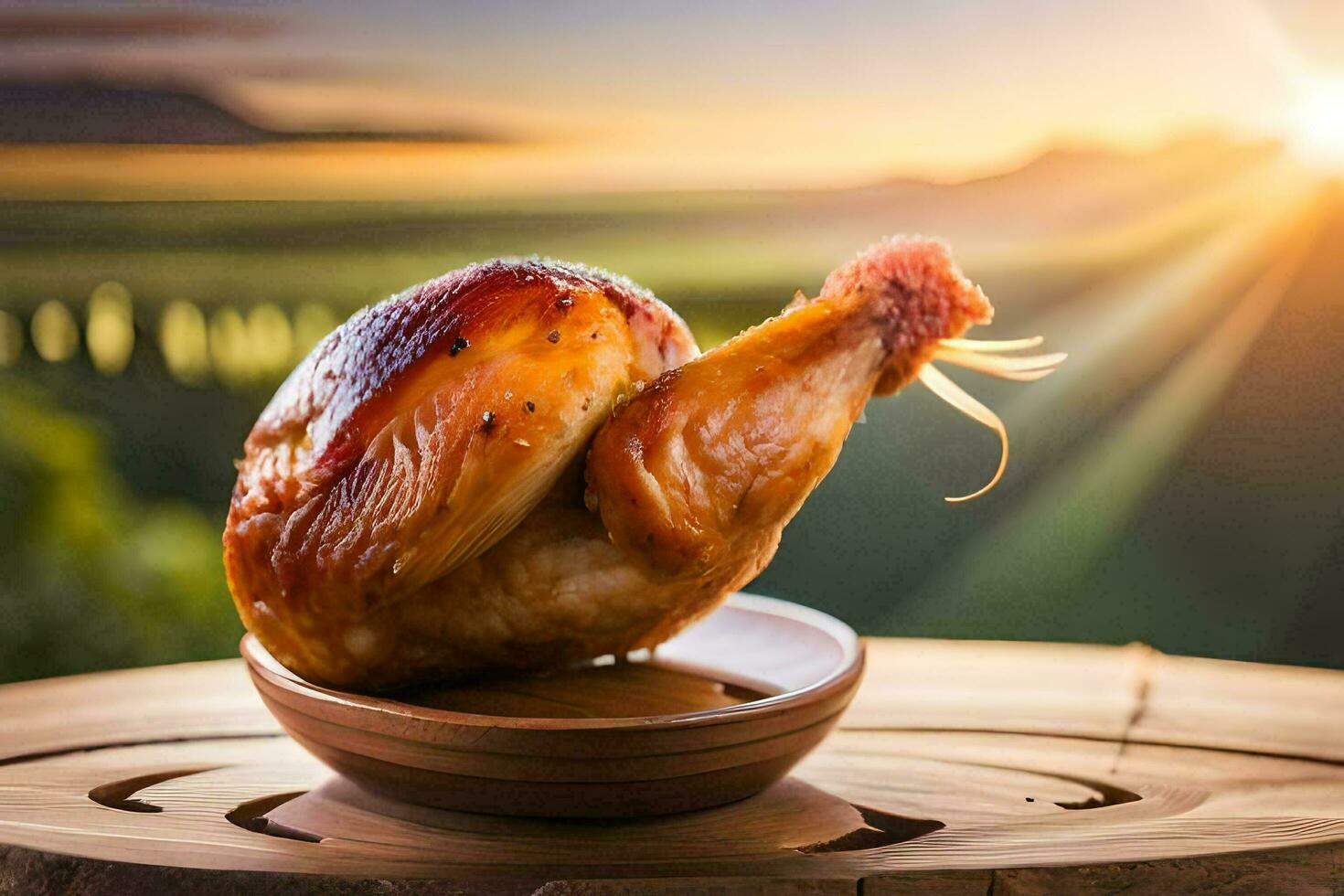 a roasted chicken on a wooden plate in front of a sunset. AI-Generated photo