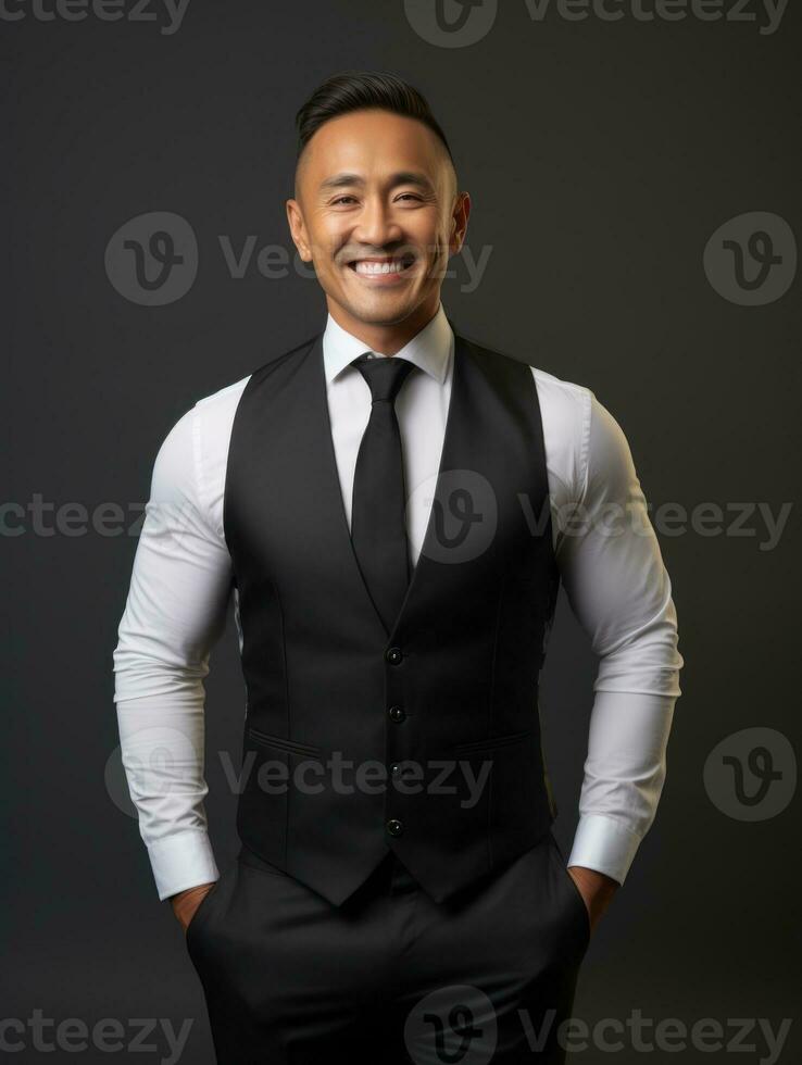 Smiling young man of Asian descent dressed in suit on gray background AI Generative photo