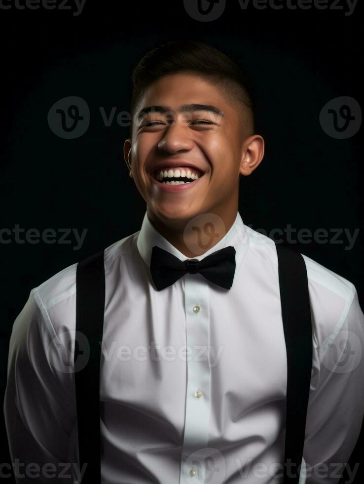 Smiling young man of Asian descent dressed in suit on gray background AI Generative photo