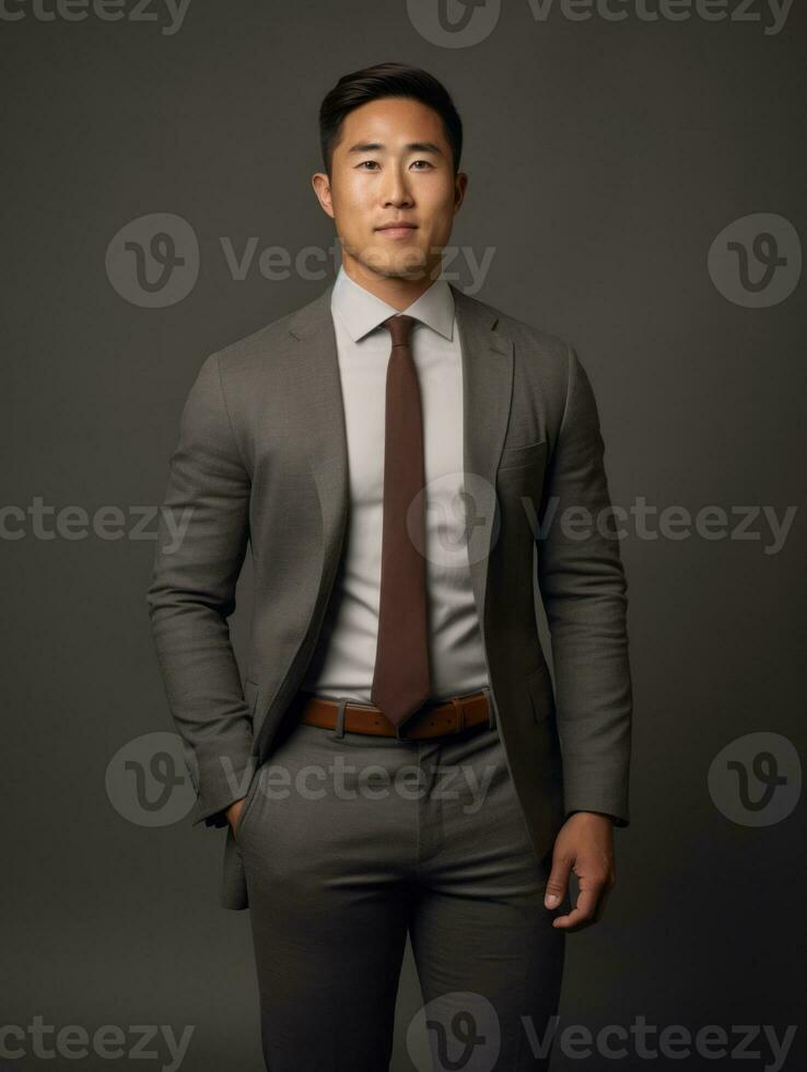 Smiling young man of Asian descent dressed in suit on gray background AI Generative photo