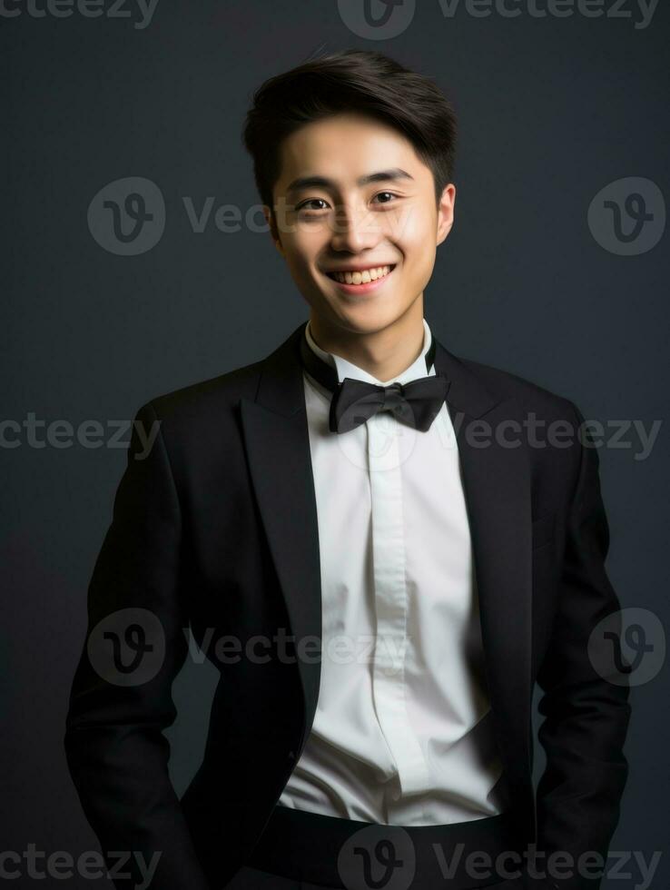 Smiling young man of Asian descent dressed in suit on gray background AI Generative photo