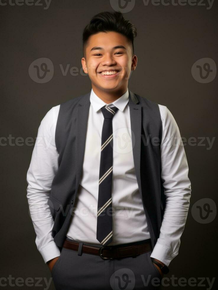 sonriente joven hombre de asiático descendencia vestido en traje en gris antecedentes ai generativo foto