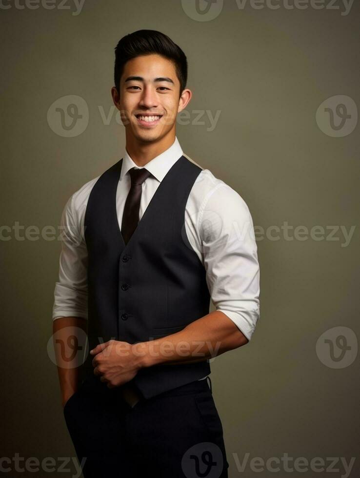 Smiling young man of Asian descent dressed in suit on gray background AI Generative photo