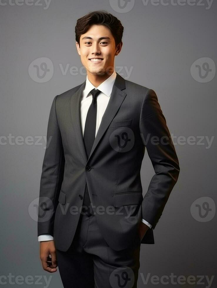 Smiling young man of Asian descent dressed in suit on gray background AI Generative photo