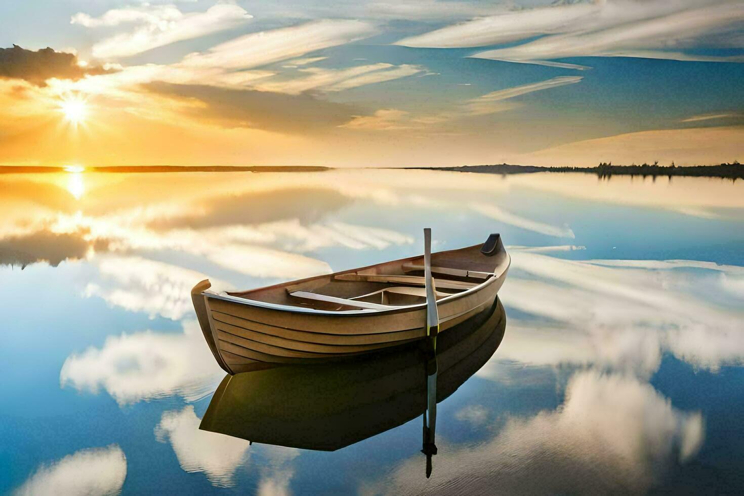 a boat floating in the water at sunset. AI-Generated photo