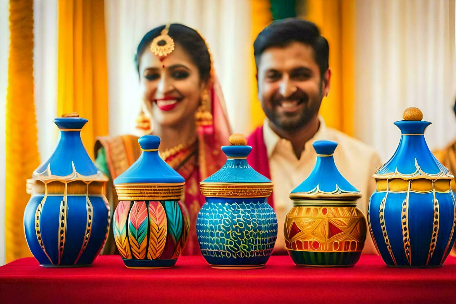 a couple posing with colorful vases on a table. AI-Generated photo