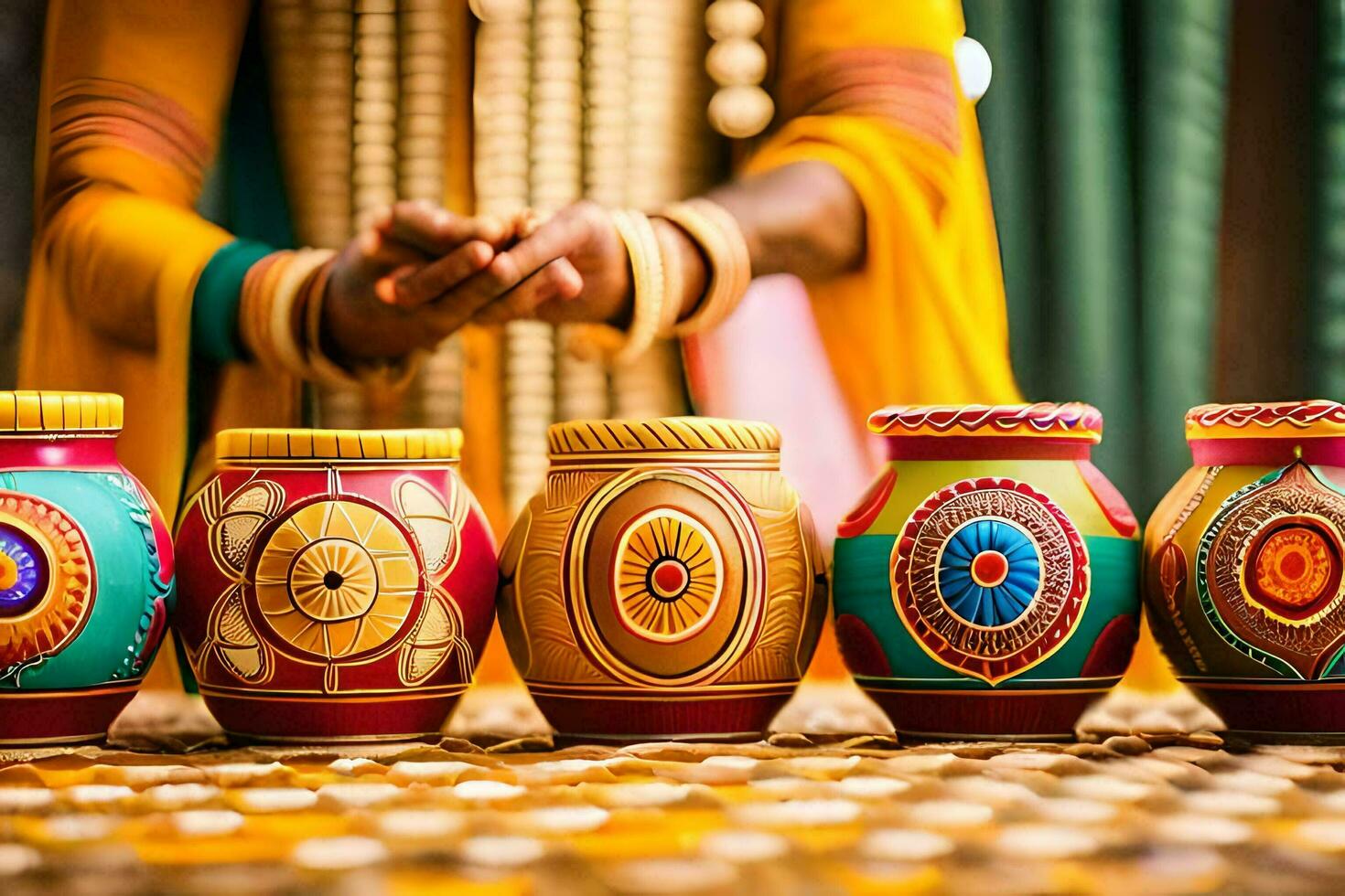 a woman in a colorful dress is holding a pot. AI-Generated photo