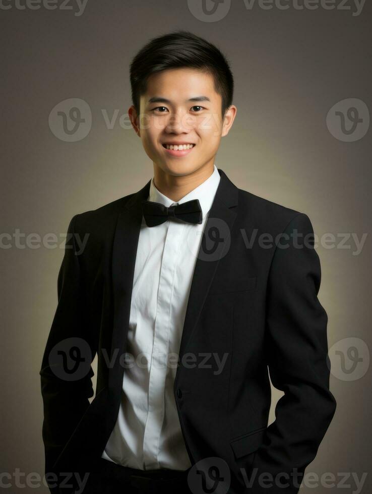 Smiling young man of Asian descent dressed in suit on gray background AI Generative photo