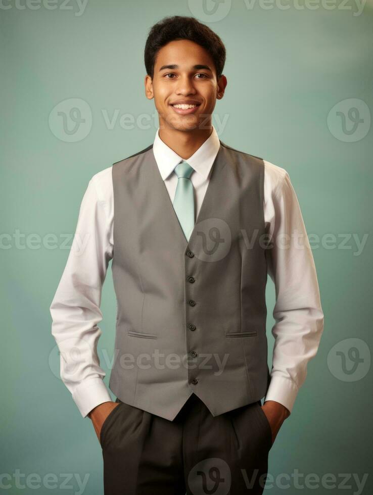 Smiling young man of Asian descent dressed in suit on gray background AI Generative photo