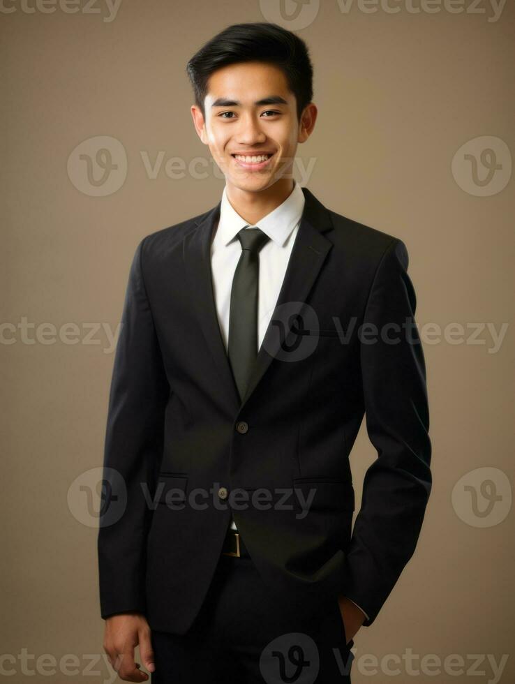 Smiling young man of Asian descent dressed in suit on gray background AI Generative photo
