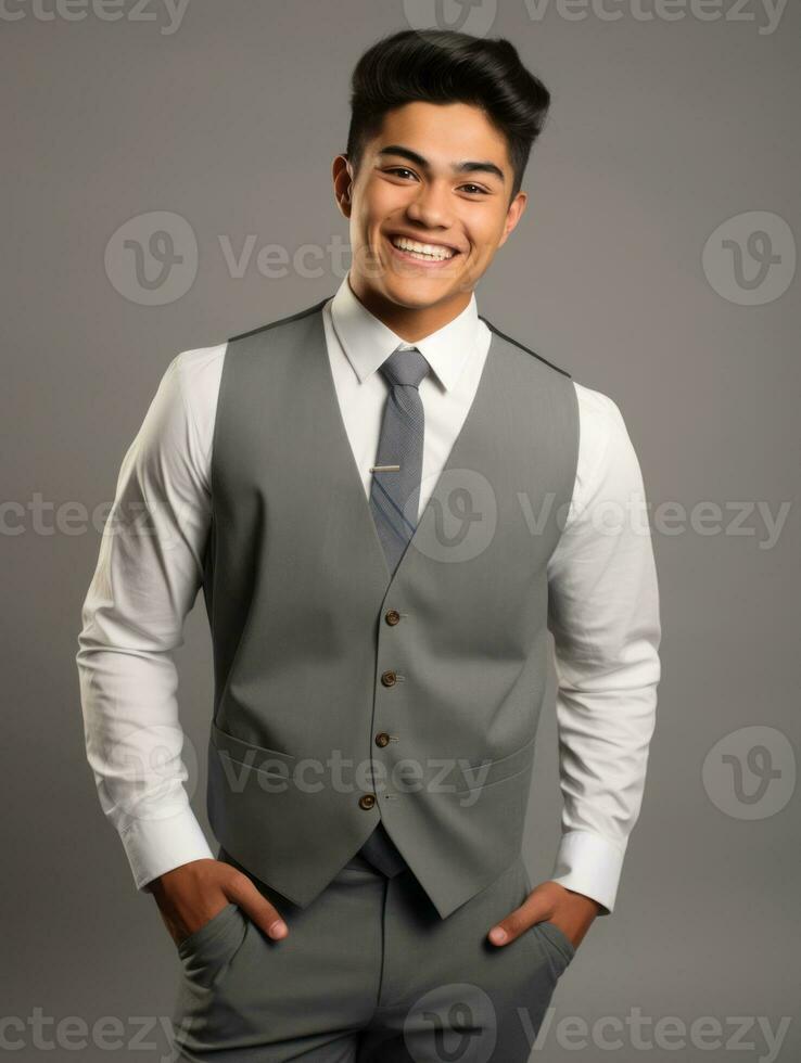 sonriente joven hombre de asiático descendencia vestido en traje en gris antecedentes ai generativo foto