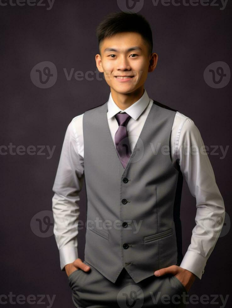 sonriente joven hombre de asiático descendencia vestido en traje en gris antecedentes ai generativo foto