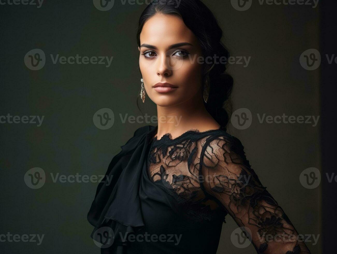 Smiling young woman of Mexican descent dressed in elegant dress on gray background AI Generative photo