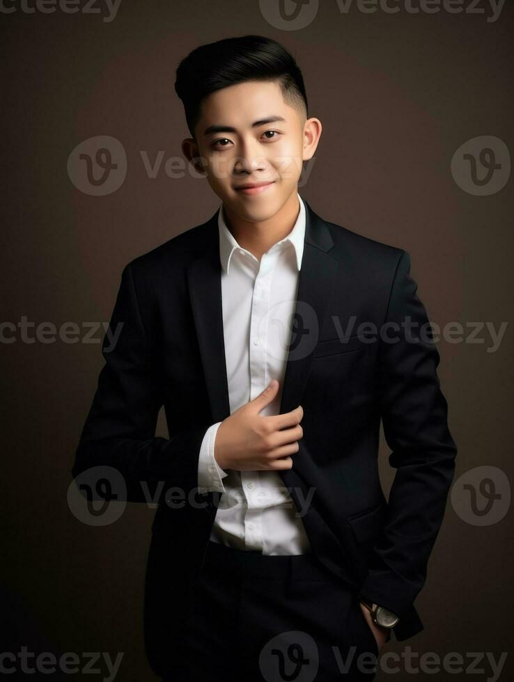 Smiling young man of Asian descent dressed in suit on gray background AI Generative photo
